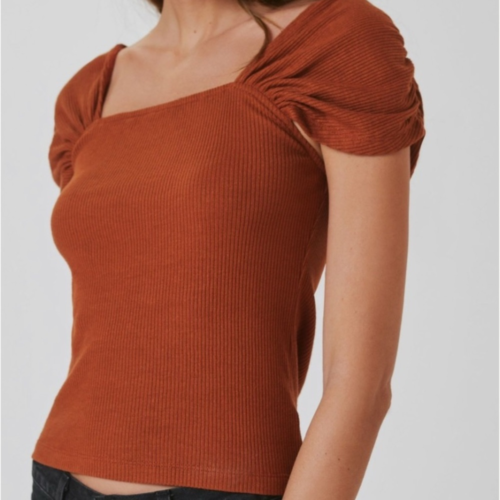 Ruched Shoulder Ribbed Square Neck Top by Anthropologie Sz XS